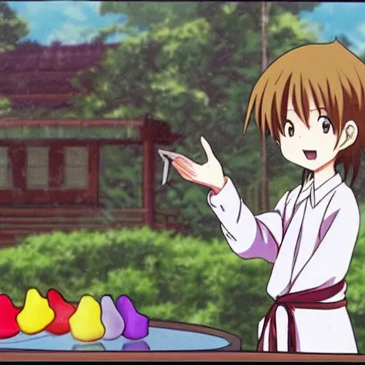 Prompt: a screen capture from an anime of a man, extremely excited about raining candy