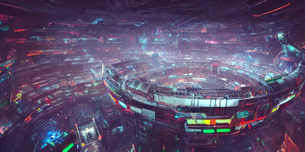 Prompt: Cyberpunk colosseum, (birds eye view), rgb lights, futuristic, scifi, advanced technology, massive size, high quality, trending on artstation, high detail, by Gabriel Björk Stiernström