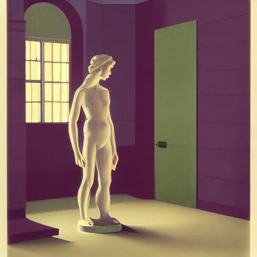 Prompt: a glass figure in a liminal room, film still by wes anderson, depicted by canova, limited color palette, very intricate, art nouveau, highly detailed, lights by hopper, soft pastel colors, minimalist