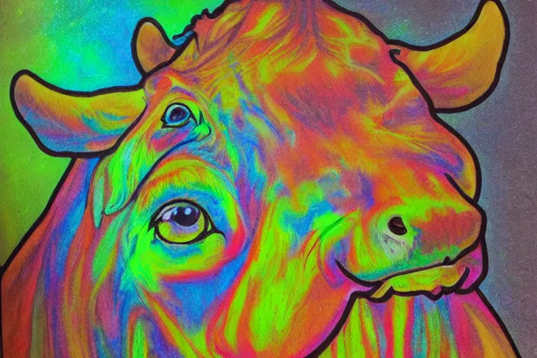 Image similar to ascend portrait of cow, in the style of rick sternbach and mark tedin and alphonse mucha, trending on artstation, soft lights product view crayon art, doge, dark academia, illustrator, impasto