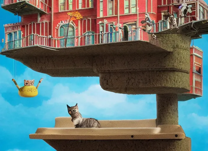 Image similar to A very high resolution image from a new movie, stop motion, about a cat from a musical nyc to a digital space opera, Animated film, volumetric lighting, octane render, directed by wes anderson, Vladimir kush, m.c Escher