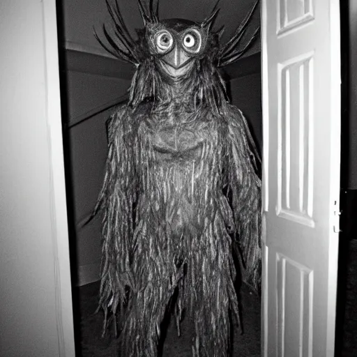 Prompt: grainy photo of a mothman as a creepy monster in a closet, harsh flash