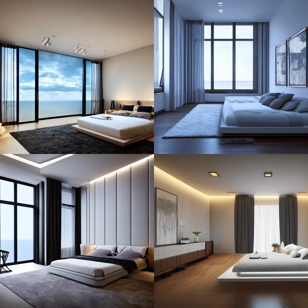 Image similar to Bedroom house, luxury, modern, artstation, hyper realistic, 8K, cool lighting, sleek, bed, cabinet furniture, large windows to beach at night