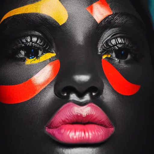 Image similar to close up portrait of extremely beautiful female black marble statue in the style of virgil abloh, colorful motocross logos behind her, sharp focus, clear, detailed,, cinematic, detailed, off white, glamourous, symmetrical, vogue, editorial, fashion, magazine shoot, glossy