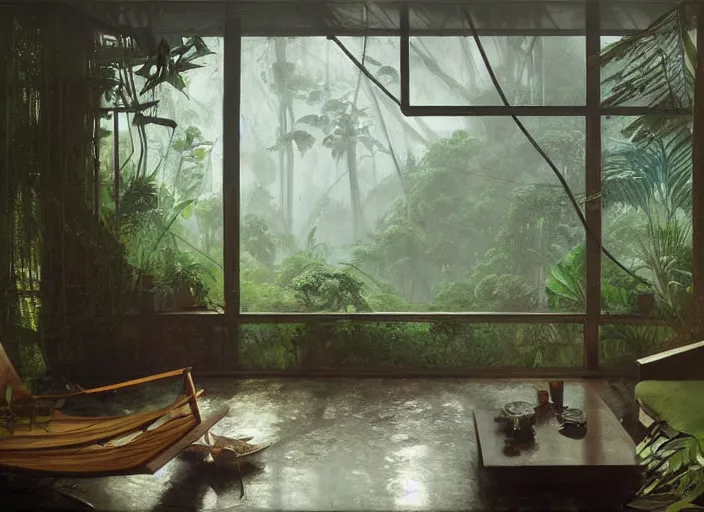 Image similar to a beautiful painting of the interior of a geodesic house in a moist tropical rainforest, living room, by greg rutkowski, realism, artstation, nature