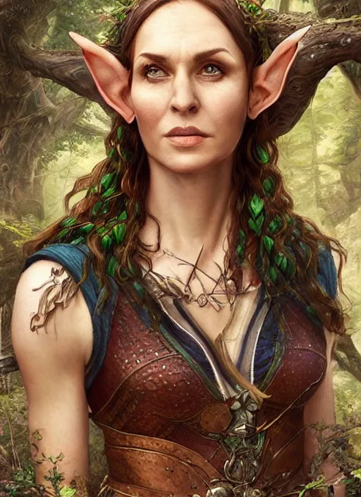 Image similar to a relaxed half elf middle aged druid in a sleeveless west, strong, full body, 8 k, hyperrealistic,, hyperdetailed, fantasy portrait by laura sava