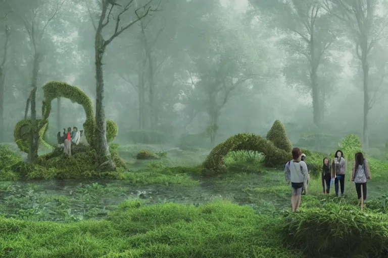 Image similar to tourists visiting a complex organic fractal 3 d ceramic sphere floating in a lush forest, foggy, cinematic shot, photo still from movie by denis villeneuve