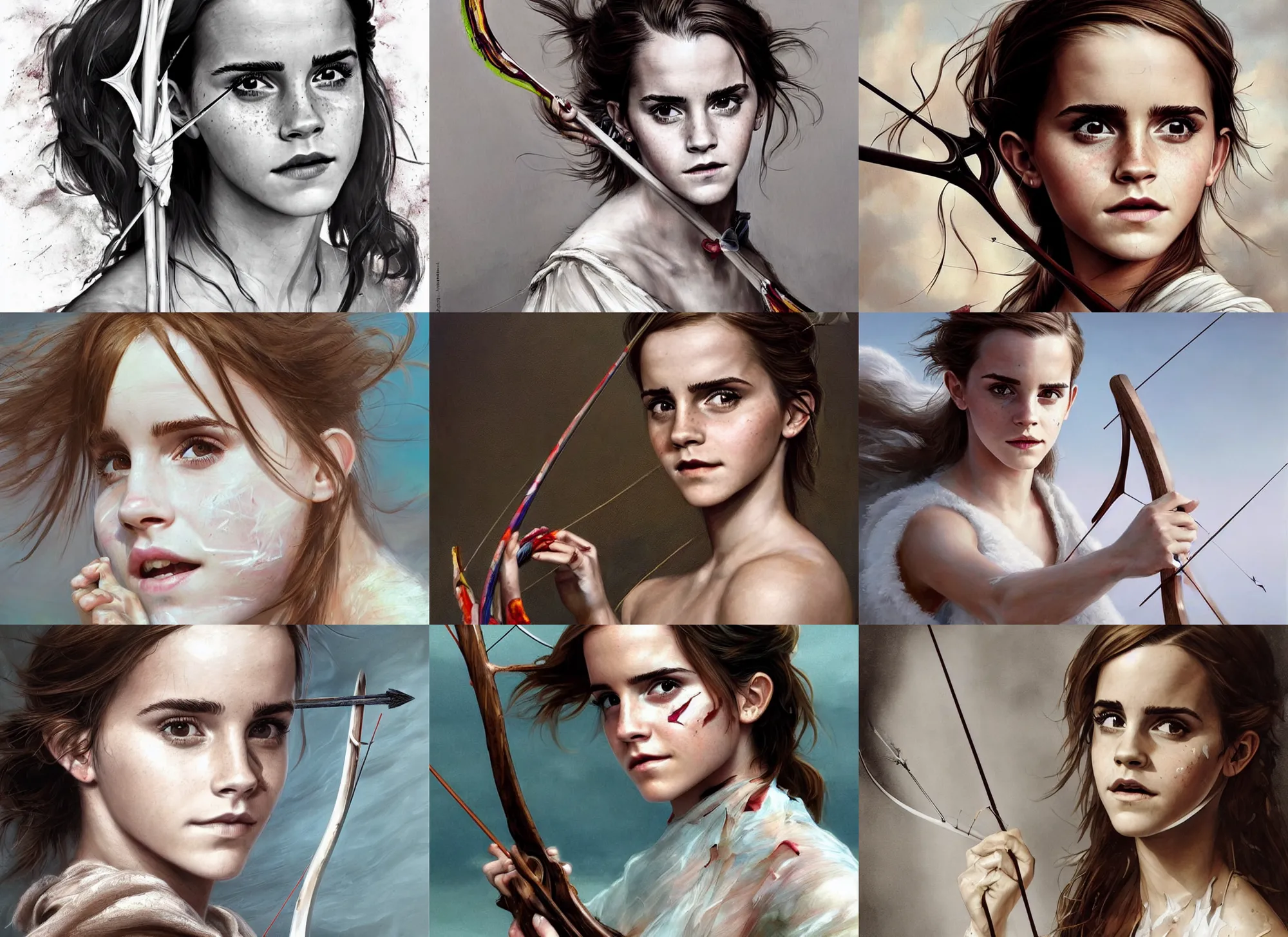 Prompt: artstation concept of beautiful Emma Watson holding a bow and arrow, sweaty skin, symmetrical face, high face detail, ripped up white garment, white desert background, shiny colorful, hyperdetailed, artstation trending, world renowned artists, worth1000.com, cgsociety, by greg rutkowski, by Gustave Doré, by Marco Turini, by Artgerm, Deviantart
