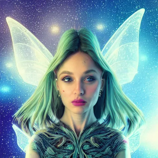 Image similar to portrait of a magical fairy made of galaxies, highly detailed, realistic, octane render, comic book art, space travel, unreal engine, sharp focus, cinematic