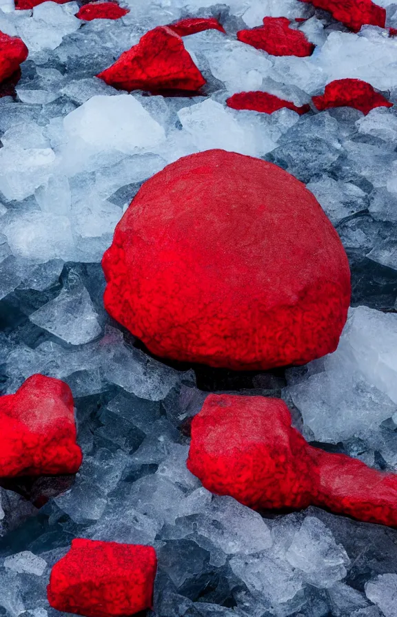 Image similar to red pieces of fabric molten onto ice rocks, floating sculpture, award winning photo, 4k