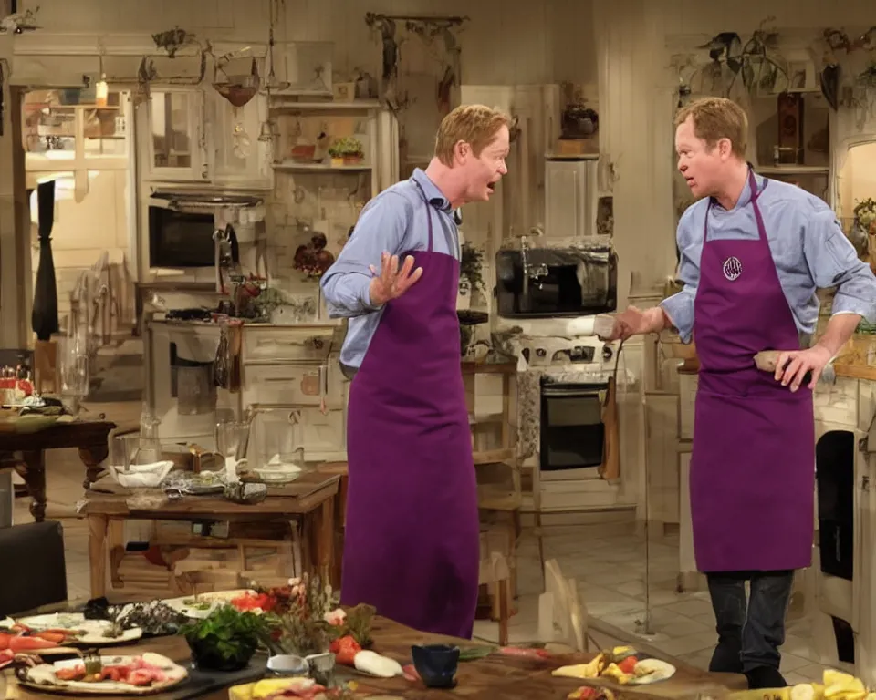 Prompt: barney hosts a cooking show, scene from a horror movie