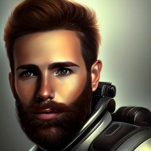 Image similar to Portrait of a man with brown hair and beard in futuristic sci-fi armor, blasters on his belt, digital art, realistic, artstation, detailed