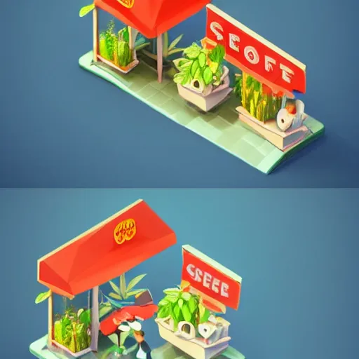 Image similar to isometric cute cartoon of minimalist seed shop cafe decorated a few cannabis leaf pots. by benoit mandelbrot, render pixar palette, low poly digital art artstation artgerm