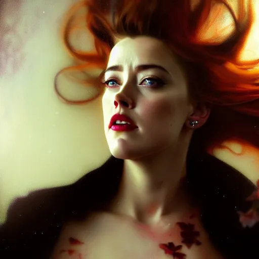 Image similar to hyperrealistic portrait of a woman as amber heard as a vampire witch tears in a black coat closing a window over the shoulder shot falling petals in windy storm hair. by jeremy mann and alphonse mucha, fantasy art, photo realistic, dynamic lighting, artstation, poster, volumetric lighting, very detailed faces, 4 k, award winning