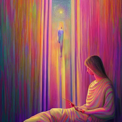 Image similar to beautiful detailed artistic portrait of a person travelling between different astral planes. reality is more than you think. stripes if light. grainy and rough. fine detail. soft colour scheme. artistic detailed painting by lurid ( 2 0 2 2 ). featured on deviantart.