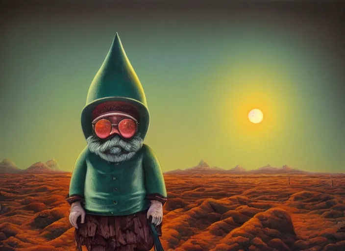 Image similar to a forgotten garden gnome in a vast barren desert, hopeless wasteland background with a relentless raging sun overhead, an ultrafine detailed painting by mark ryden, trending on deviantart, pop surrealism, whimsical, lowbrow, perfect symmetrical face