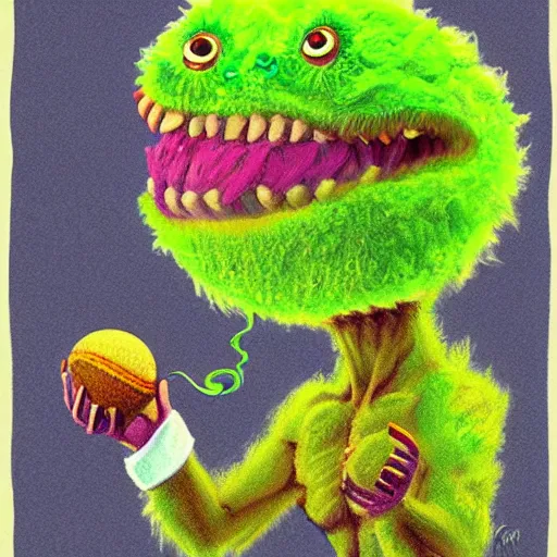 Prompt: a tennis ball monster, smoking weed, digital art, fantasy, magic, trending on artstation, ultra detailed, professional illustration by Basil Gogos