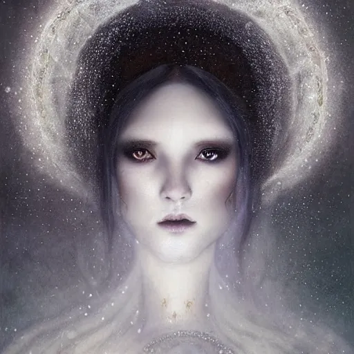 Image similar to Beautiful Delicate dark art Detailed full head portrait of snow woman, With Magical grey eyes by Tom Bagshaw, Bastien Lecouffe Deharme, Erik Johansson, Amanda Sage, Alex Grey, Alphonse Mucha, Harry Clarke, Josephine Wall and Pino Daeni, Delicate winter frozen creature With long white grey windy Hair and Magical Sparkling Eyes, Magic Particles; Magic Swirls, in a out of this world magical frozen landscape, 4K; 64 megapixels; 8K resolution concept art; detailed painting; digital illustration; hyperrealism; trending on Artstation; Unreal Engine Photorealistic, lifelike, Unreal Engine, sharp, sharpness, detailed, 8K