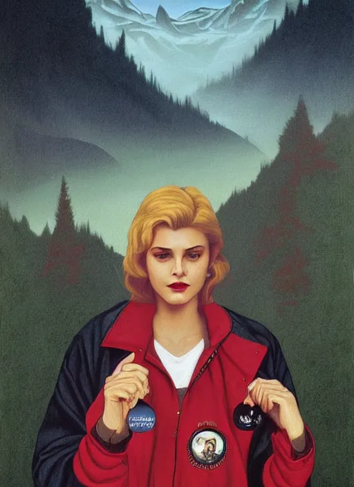 Prompt: twin peaks poster art, by michael whelan, rossetti bouguereau, artgerm, retro, nostalgic, old fashioned, 1 9 8 0 s teen horror novel cover, book, ryan gosling in letterman jacket small town crime scene being hunted by the killer