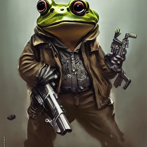 Prompt: badass gangsta frog. a frog mafia boss holding gun. nuri iyem, james gurney, james jean, greg rutkowski, anato finnstark. 1 0 0 mm, perfect guns