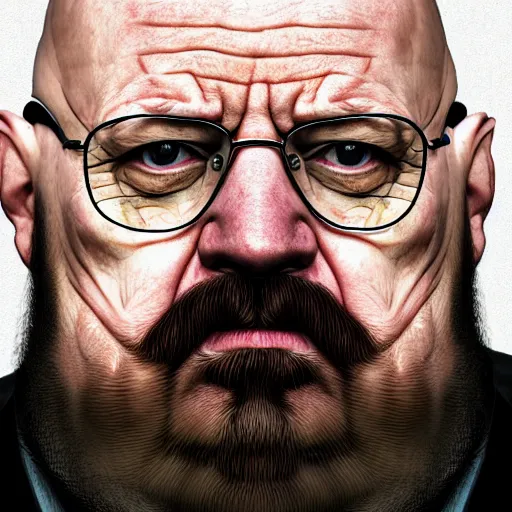 Image similar to photo portrait of a morbidly obsee walter white with a beard, morbidly obese, realistic, hyperrealistic, 8 k resolution, hd quality, very detailed, highly detailed, intricate details, real life, real world, trending on artstation, digital art, really realistic, very realistic, headshot, head in frame, photograph, portrait