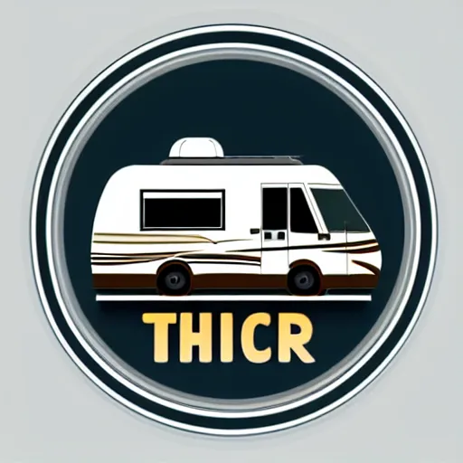 Image similar to very very very stylized minimal vector graphic of a thor chateau motorhome, hills and sunset, white background, all enclosed in a circle, professional minimal graphic design cartoon