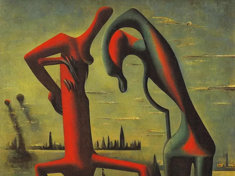 Image similar to An oil painting of a strange alien creature by Max Ernst and Giorgio de Chirico