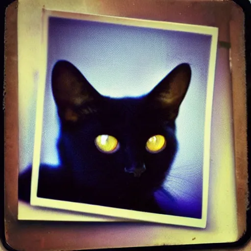 Image similar to black cat on a rollercoaster. happy. sunlight. polaroid photo. bright colors.