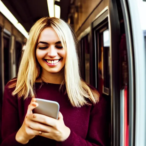 Prompt: blonde woman leaning out of train with a mobile phone in her hand and smiling, cinematic lightning, studio quality, 4 k