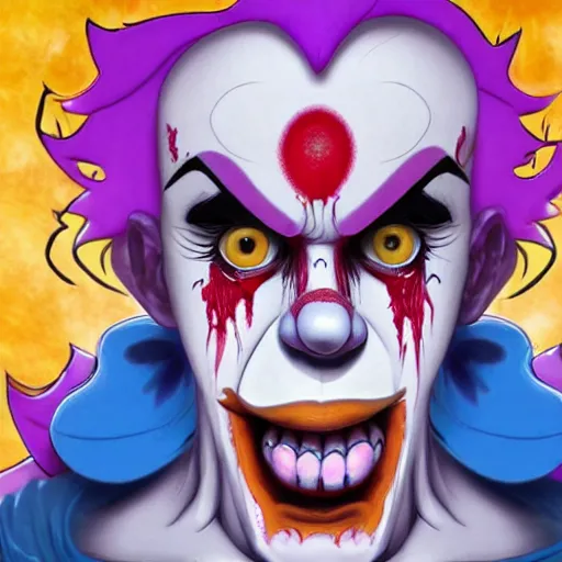 Image similar to 4K headshot of godlike clown with clown nose and defined arms and open hands and bloody clothes with giant mandala wings , intricate runny clown face make-up , flawless anime cel animation by Kentaro Miura, psychedelic , highly detailed upper body , professionally post-processed , beautiful, scary, symmetry accurate features, epic, octane rendered, anime masterpiece, accurate