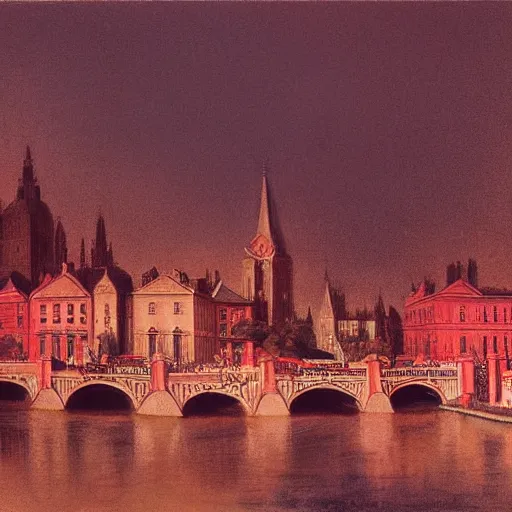 Image similar to A beautiful photograph of a cityscape with tall spires and delicate bridges. astrophotography, pastel red by Thomas Gainsborough, by Helmut Newton harrowing