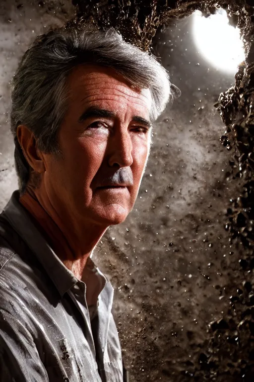 Image similar to cinematic still randy mantooth covered in mud stuck inside a giant flash hole, 4 k, dramatic lighting