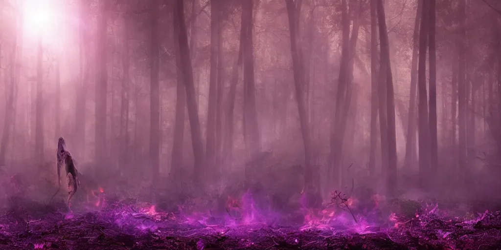 Image similar to A transcendal being having a ritual in a mysterious and lush burning forest, dark fantasy, wide shot, purple hue, realistic lighting, sunshaft