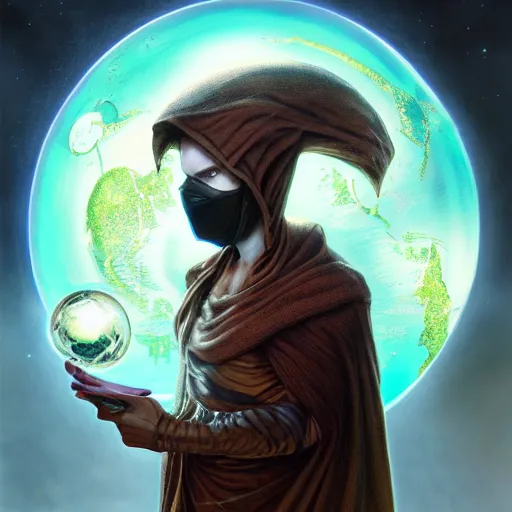 Image similar to masked nomad male wearing a cloak on an alien world and holding a holographic planet projection in his hand, detailed, sci - fi, digital painting, artstation, sharp focus, illustration, ominous, artgerm, tomasz alen kopera, peter mohrbacher, donato giancola, joseph christian leyendecker, wlop, frank frazetta