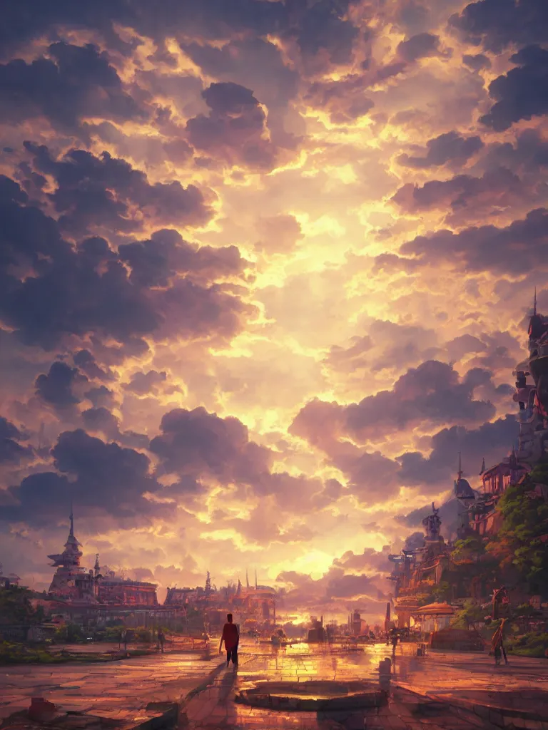 Prompt: photo cartoon illustration comics manga painting of artstation, the capital of a prosperous empire, red sunset and lots of clouds, fairy tales, bright colors and high picture, quality, by makoto shinkai, by daniel oxford, hdr, digital painting, octane render, 8 k, volumetric lighting, contrast