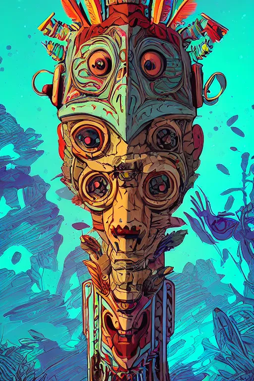 Image similar to totem animal tribal chaman vodoo mask feather gemstone plant wood rock video game illustration vivid color borderlands by josan gonzales and dan mumford radiating a glowing aura