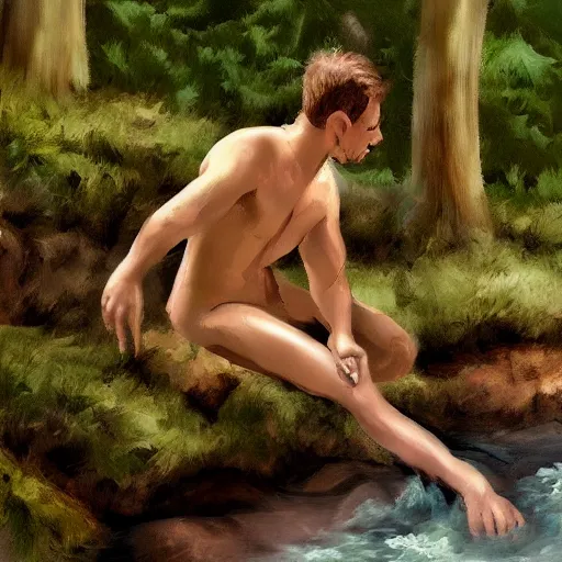 Prompt: a satyr lounging next to a river with one finger in the water, in the forest, digital painting, rough brushstrokes