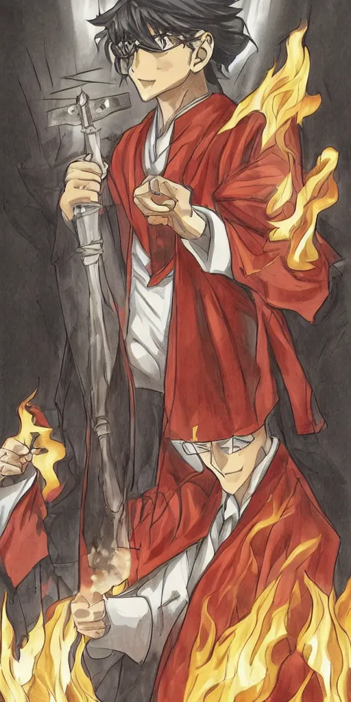 Image similar to powerful anime judge with a magic gavel on fire, in a court room with a justice scale on his desk, drawn by a famous anime artist, high quality, fine lines, amazing detail. colored, the justice tarot card