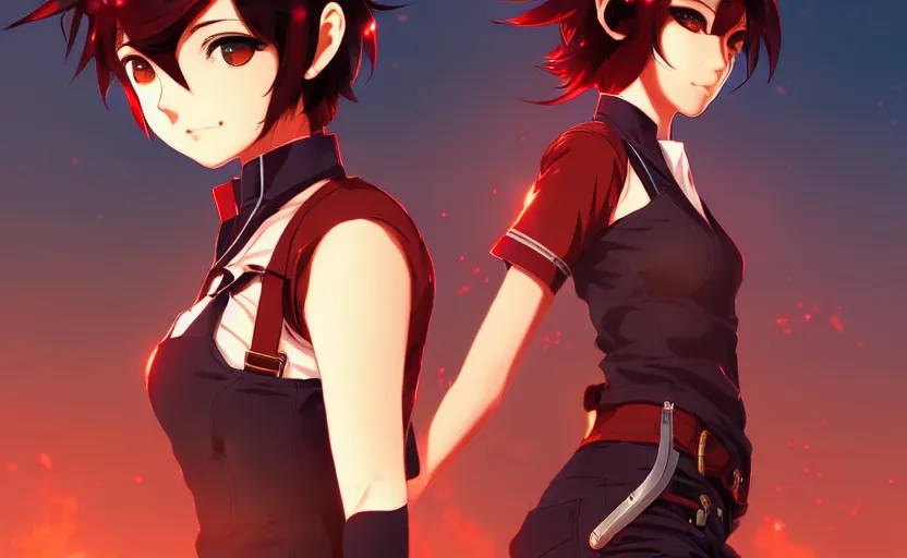 Image similar to makoto shinkai, artgerm, ilya kuvshinov, steampunk beautiful anime woman, red shirt brown pants, black and red hair hair, symmetrical face, symmetrical eyes, action scene, shooting fire war, detailed, summer setting, cinematic lighting