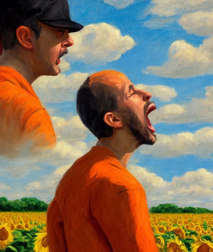 Image similar to a closeup portrait of a man in an orange prisoner overall, standing in beautiful sunflower field, screaming and sad, highly detailed, aesthetic clouds in the sky, in the style of edward hopper, very fine brush strokes, 4 k,