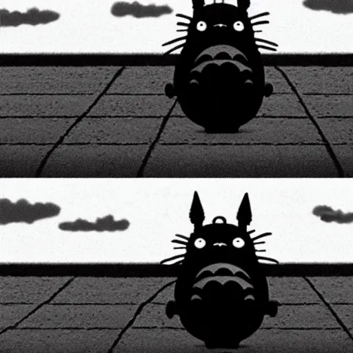 Image similar to A screenshot from the My Neighbor Totoro remake as a film noir in the style of Magritte