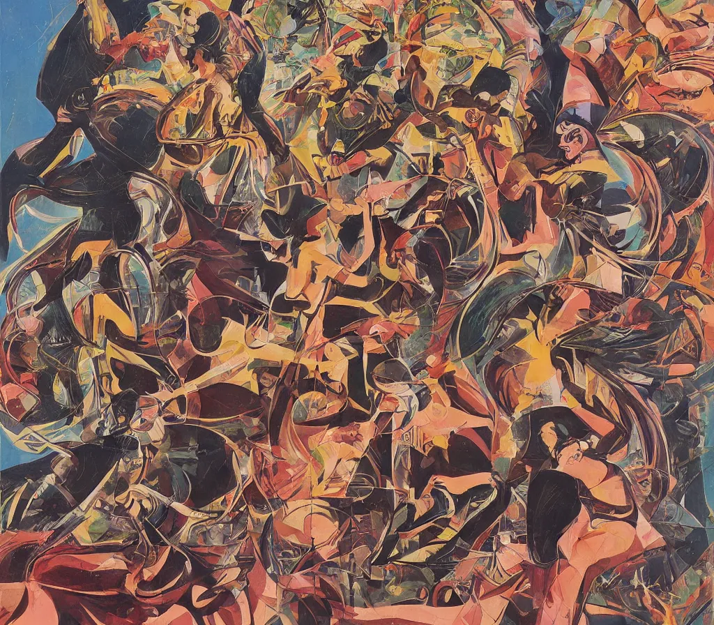 Image similar to sacred angels fighting over seattle, modernism, gouache, stylised, illustration, by syd mead, mati klarwein, and francis bacon