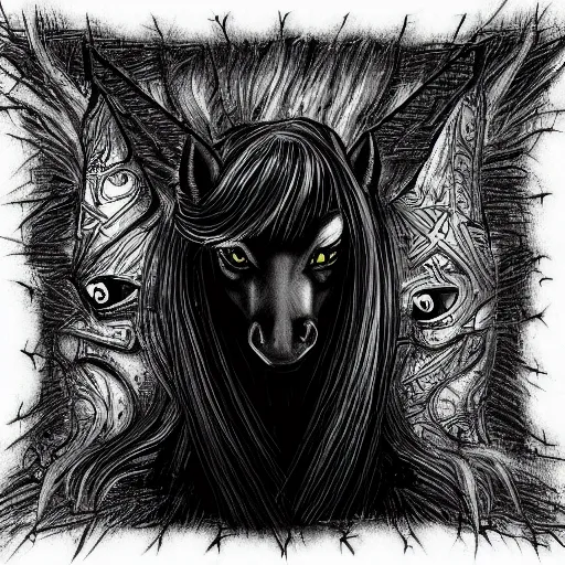 Prompt: my little pony portrait with dark fantasy style, black and white by h. r. giger