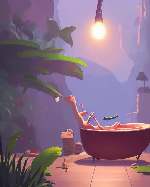 Prompt: a crocodile smoking a pipe while taking a bath in a well with lush vegetation around, cory loftis, james gilleard, atey ghailan, makoto shinkai, goro fujita, character art, rim light, exquisite lighting, clear focus, very coherent, plain background, soft painting