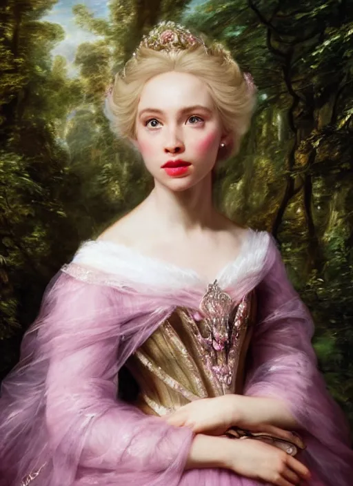 Prompt: Beautiful elsa, Looks like pink ranger, In the woods, Dramatic, Edge, Good, Infused, Backlight, De-Noise, VFX, insanely detailed and intricate, hypermaximalist, elegant, ornate, hyper realistic, super detailed, by Anthony Van Dyck, by Ivan Shishkin, by John Constable