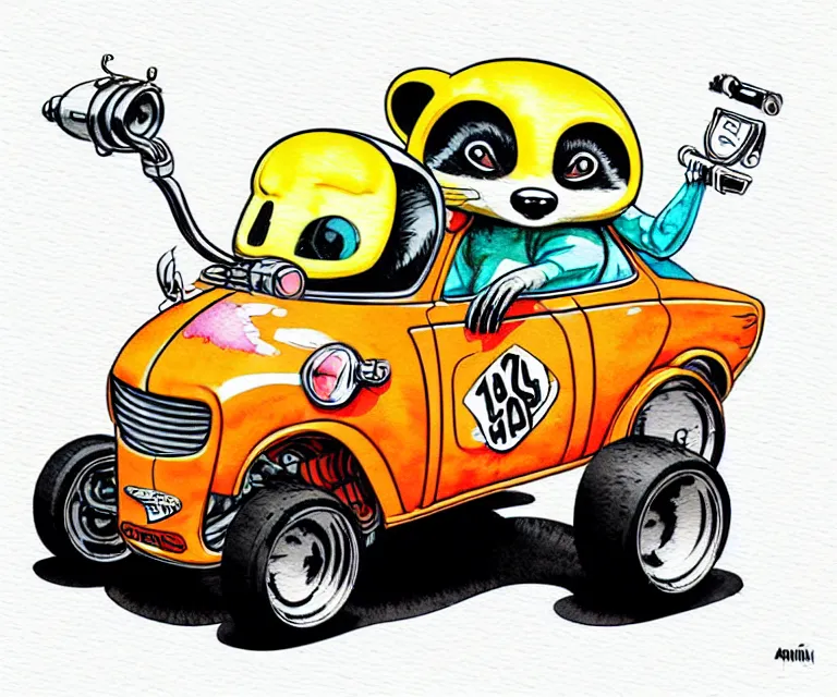 Image similar to cute and funny, racoon wearing a helmet riding in a tiny hot rod with oversized engine, ratfink style by ed roth, centered award winning watercolor pen illustration, isometric illustration by chihiro iwasaki, edited by range murata, tiny details by artgerm and watercolor girl, symmetrically isometrically centered, focused