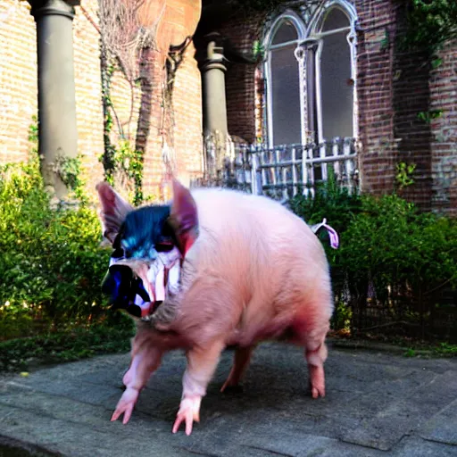 Prompt: pig wearing victorian dress in the courtyard doing crossfit
