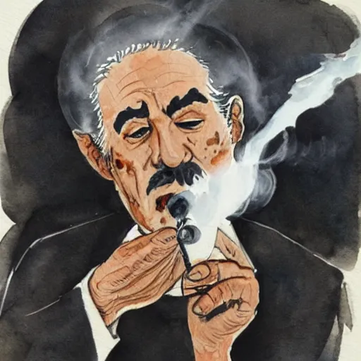 Prompt: portrait of old gray - haired smart mexican magician smoking a pipe, lots of smoke. watercolor with pancil by hugo pratt.