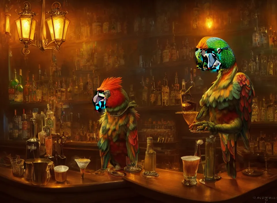 Prompt: parrot anthro as a bartender, dimly-lit cozy tavern, fantasy art, detailed painterly digital art style, fireplace, furaffinity, 🍸, 8k octane beautifully detailed render, post-processing, extremely hyperdetailed, intricate, epic composition, grim yet sparkling atmosphere, cinematic lighting + masterpiece, trending on artstation, very detailed, vibrant colors