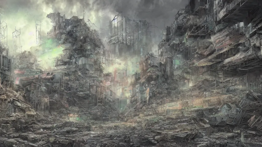 Image similar to an apocalyptic ruins in a destroyed tokyo in the year 2 3 0 0, pastel, colorful, foggy, digital art